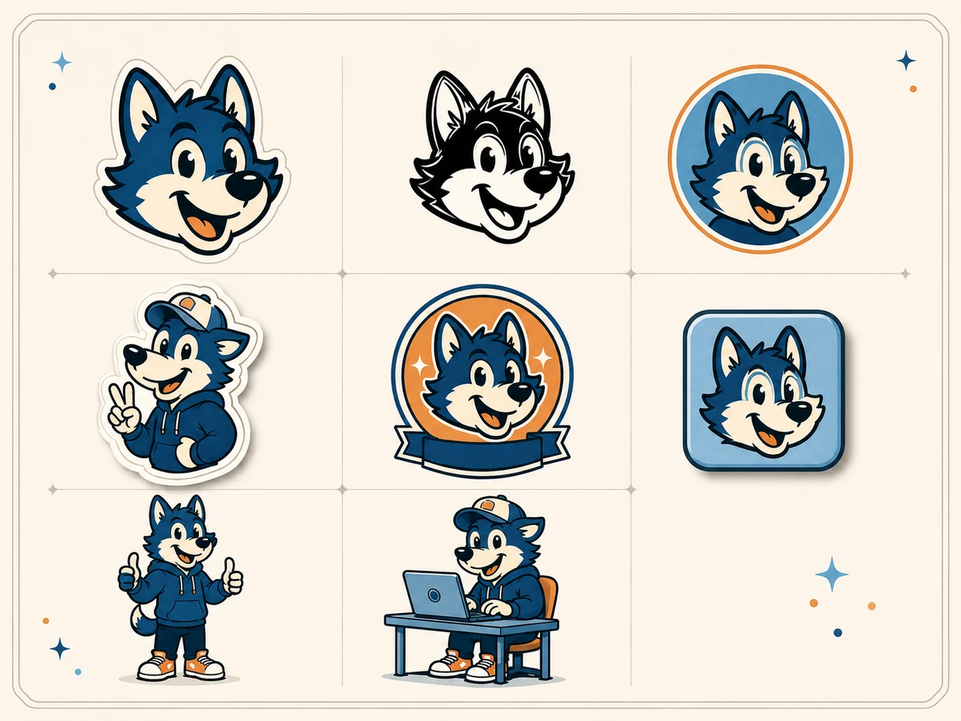 Déclinaisons d’une mascotte en couleur, noir et blanc, avatar, sticker, badge et icône web