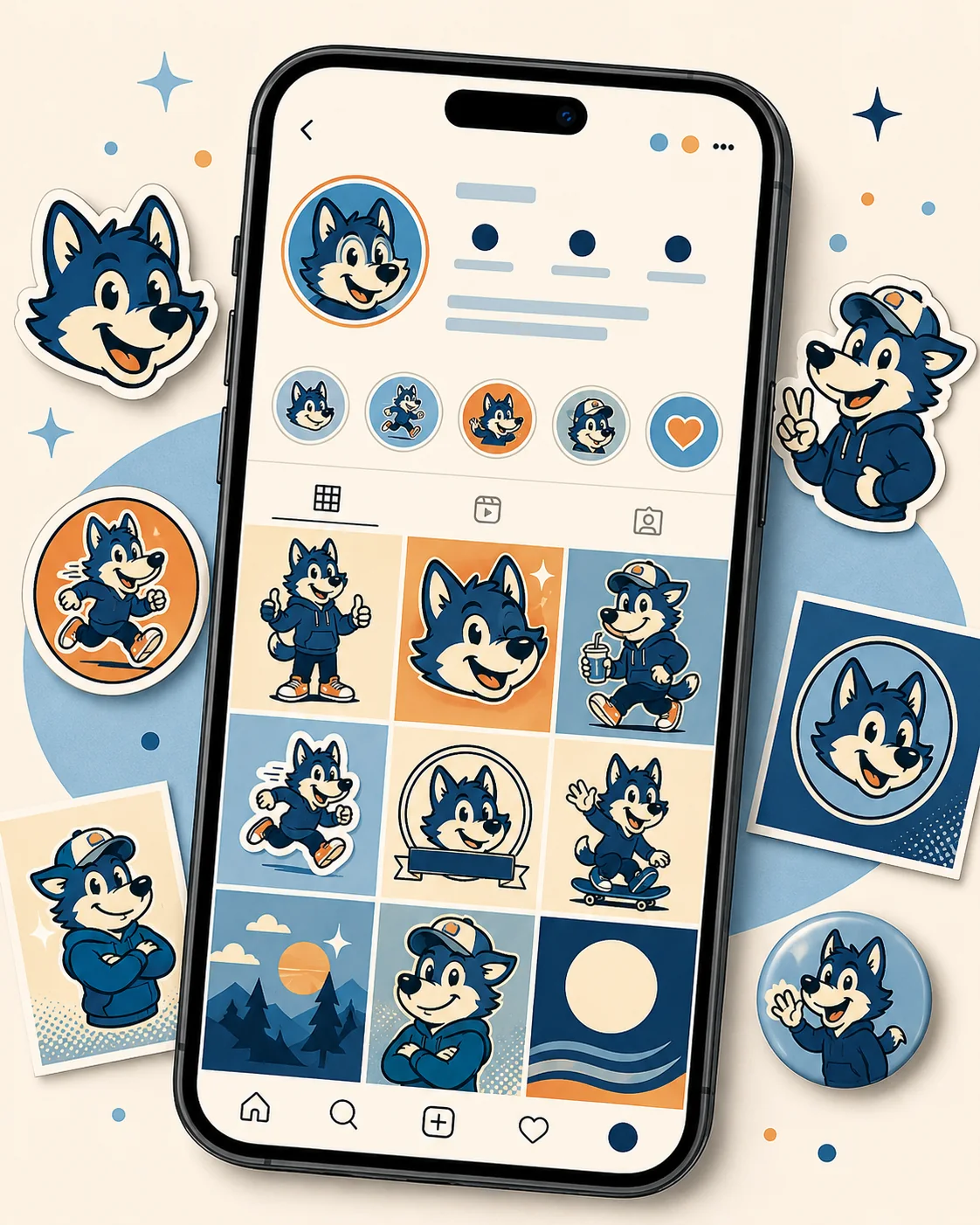 Mockup Instagram avec avatar mascotte, grille de posts, stories et stickers