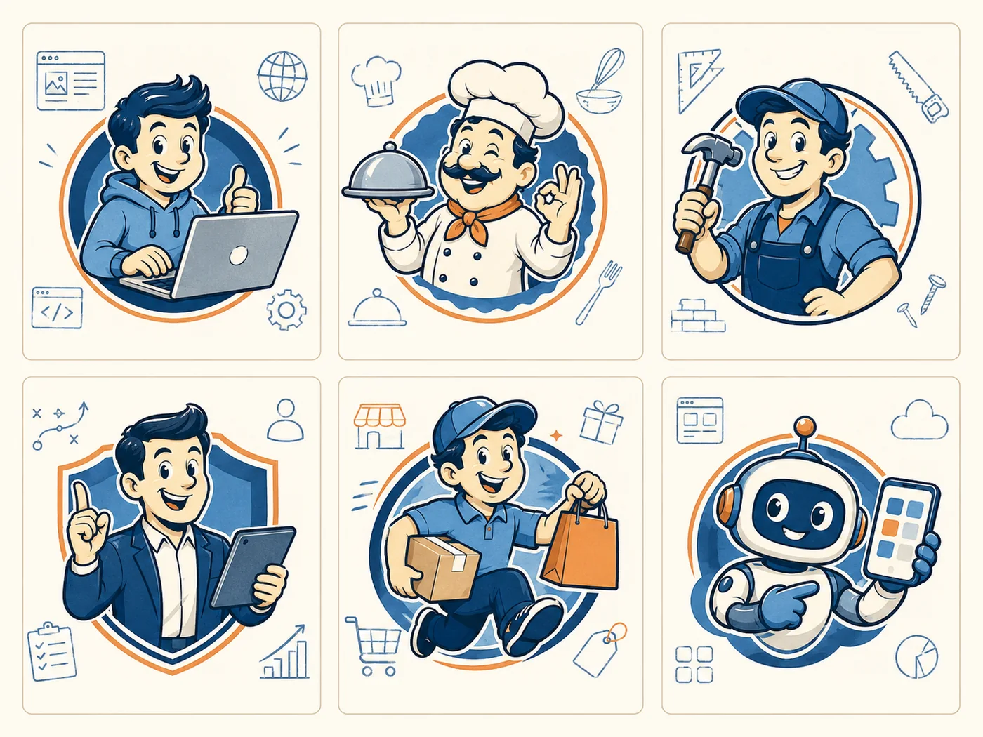 Planche de six concepts de logos mascottes pour différents secteurs d’activité