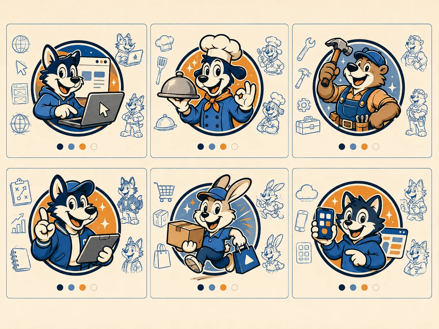 Planche d’options de mascotte avec variations de logo, badge, avatar et personnage complet