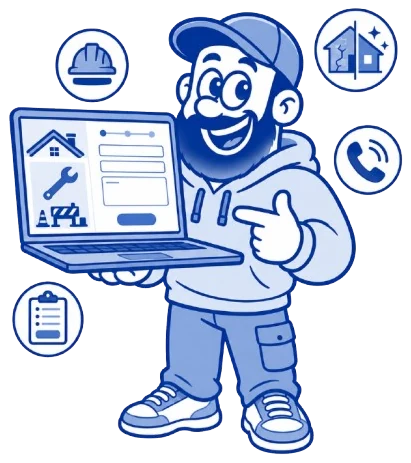 Mascotte webmaster présentant un site internet pour artisan avec devis et contact
