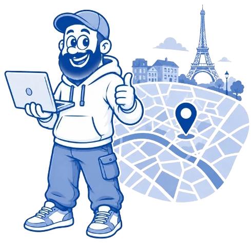 Mascotte webmaster illustrant la création de site web local à Paris