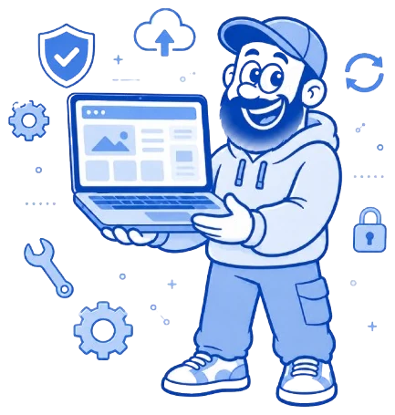 Mascotte webmaster illustrant la maintenance WordPress, les sauvegardes et la sécurité