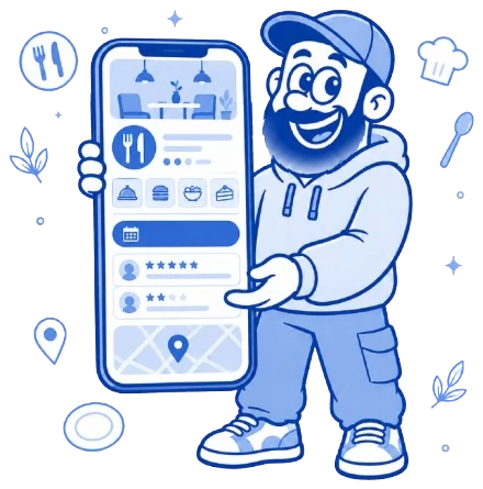 Mascotte webmaster présentant un site internet de restaurant avec menu, avis et réservation